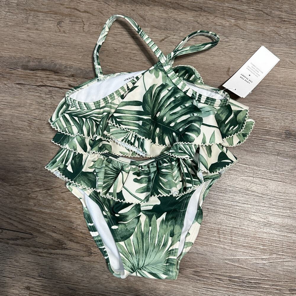 NWT Janie and Jack Girls 18-24 Months Swimsuit Palm Ruffle Halter 2-Piece Green